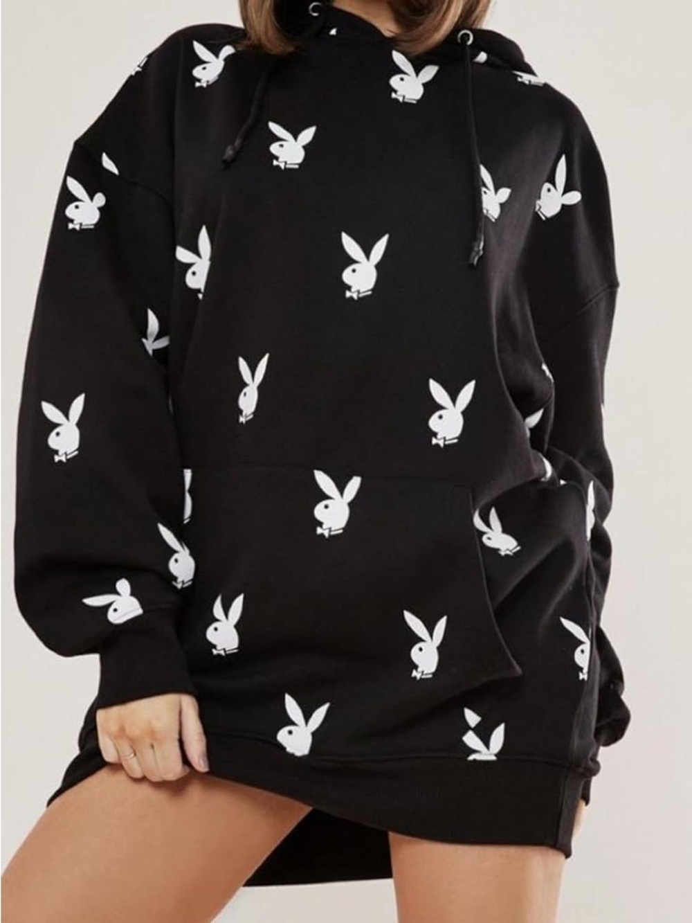 PLAYBOY x MISSGUIDED Black Hoodie Dress with White Bunny Print SIZE 8 - Picture 2 of 6